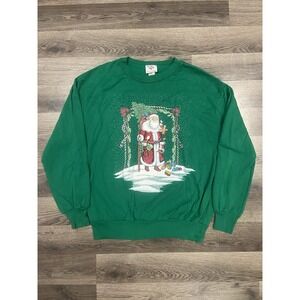 Vintage 80s Santa clause sweatshirt size large green crewneck holiday christmas